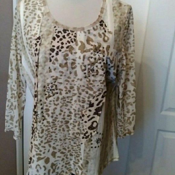LEOPARD PRINT TOP KNIT 3/4 SLEEVE BEADED WHITE BEIGE L WOMENS LARGE NWT - Picture 7 of 7